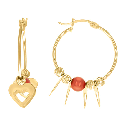 10k Yellow Gold Womens Heart Red Beaded Hoop Earrings