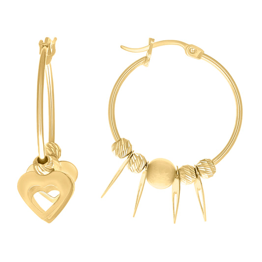 10k Yellow Gold Womens Heart Yellow Beaded Hoop Earrings