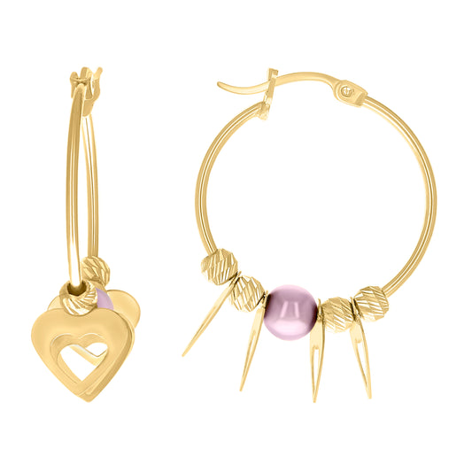 10k Yellow Gold Womens Heart Purple Beaded Hoop Earrings
