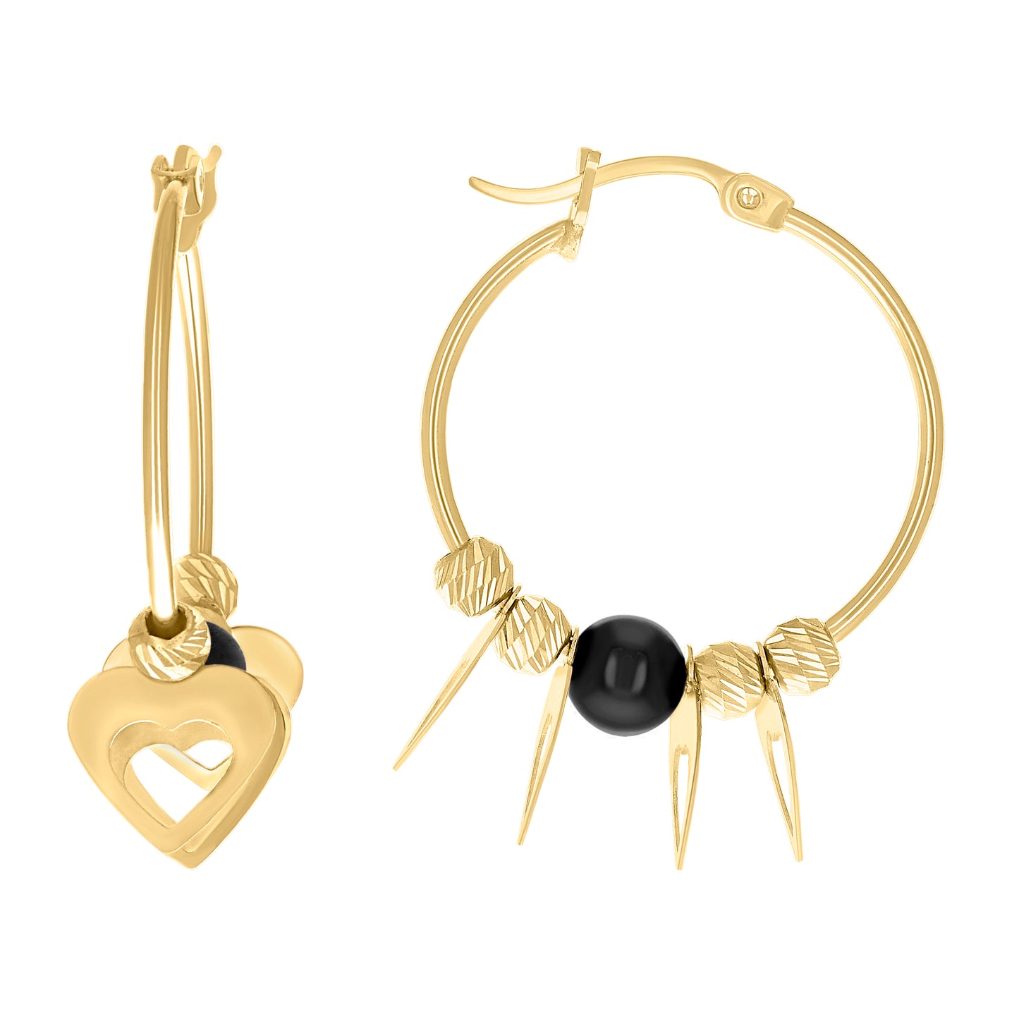 10k Yellow Gold Womens Heart Black Beaded Hoop Earrings