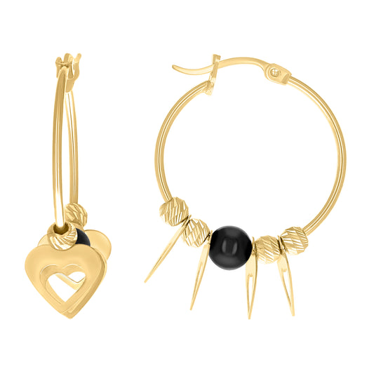 10k Yellow Gold Womens Heart Black Beaded Hoop Earrings