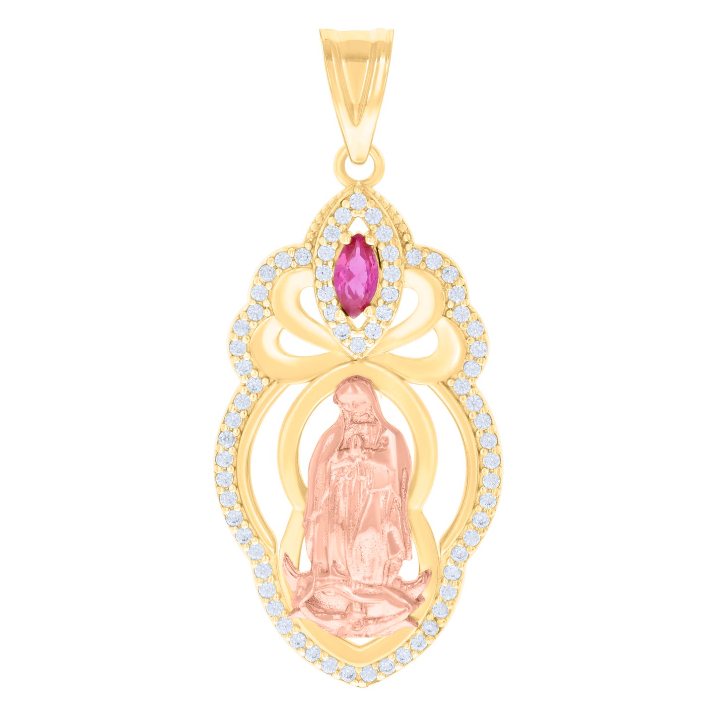 10kt Two-tone Gold Womens Pink White Marquise Round Cubic-Zirconia Guadalupe Religious Charm Pendant