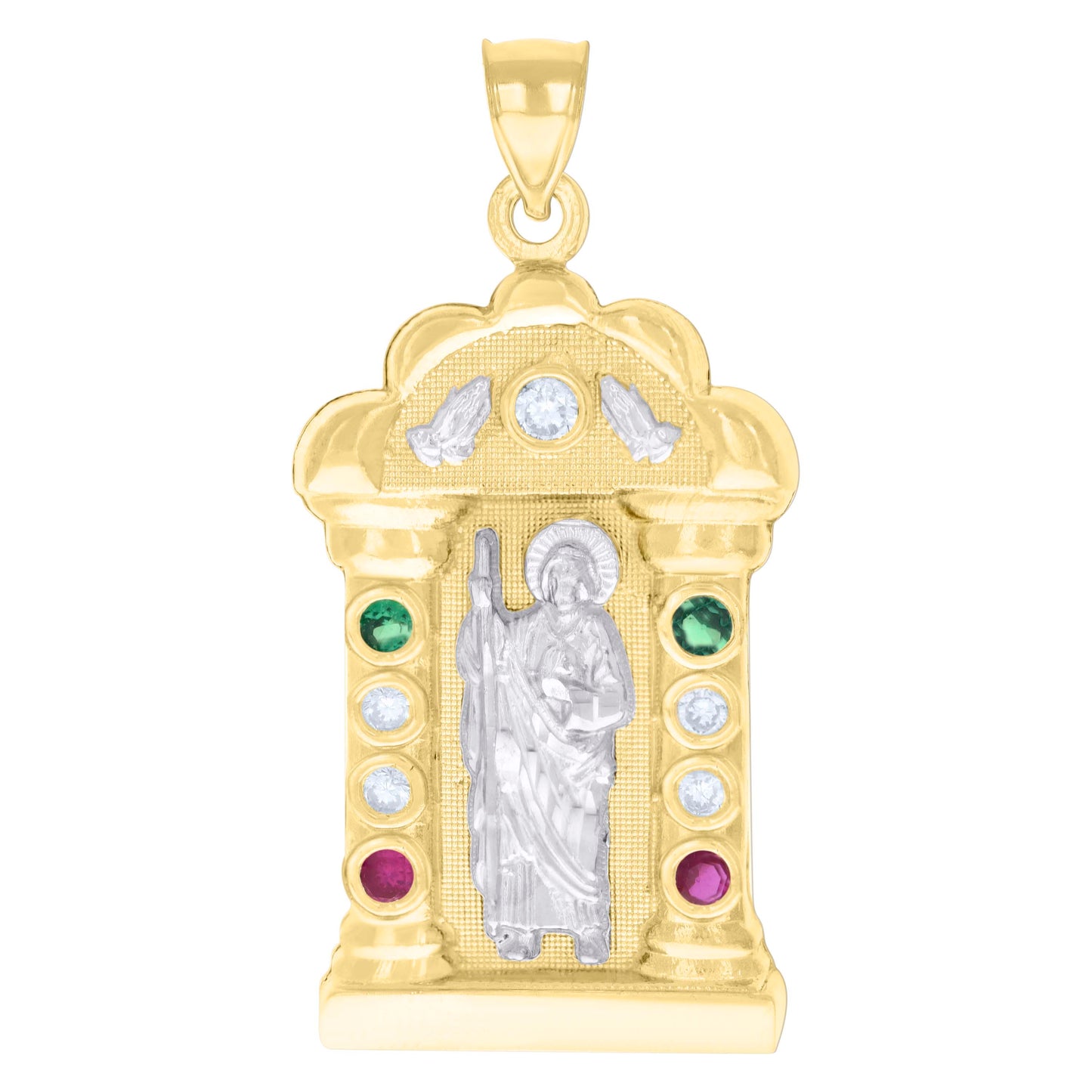 10k Two tone Gold Mens Green/Purple White Cubic Zirconia St. Jude Religious Charm Pendant