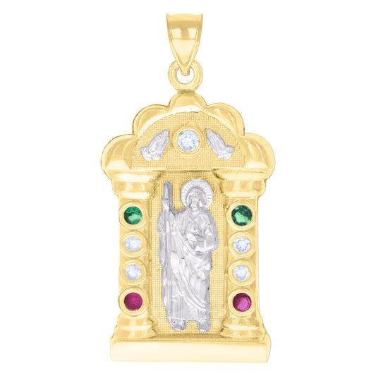 10k Two tone Gold Mens Green/Purple White Cubic Zirconia St. Jude Religious Charm Pendant