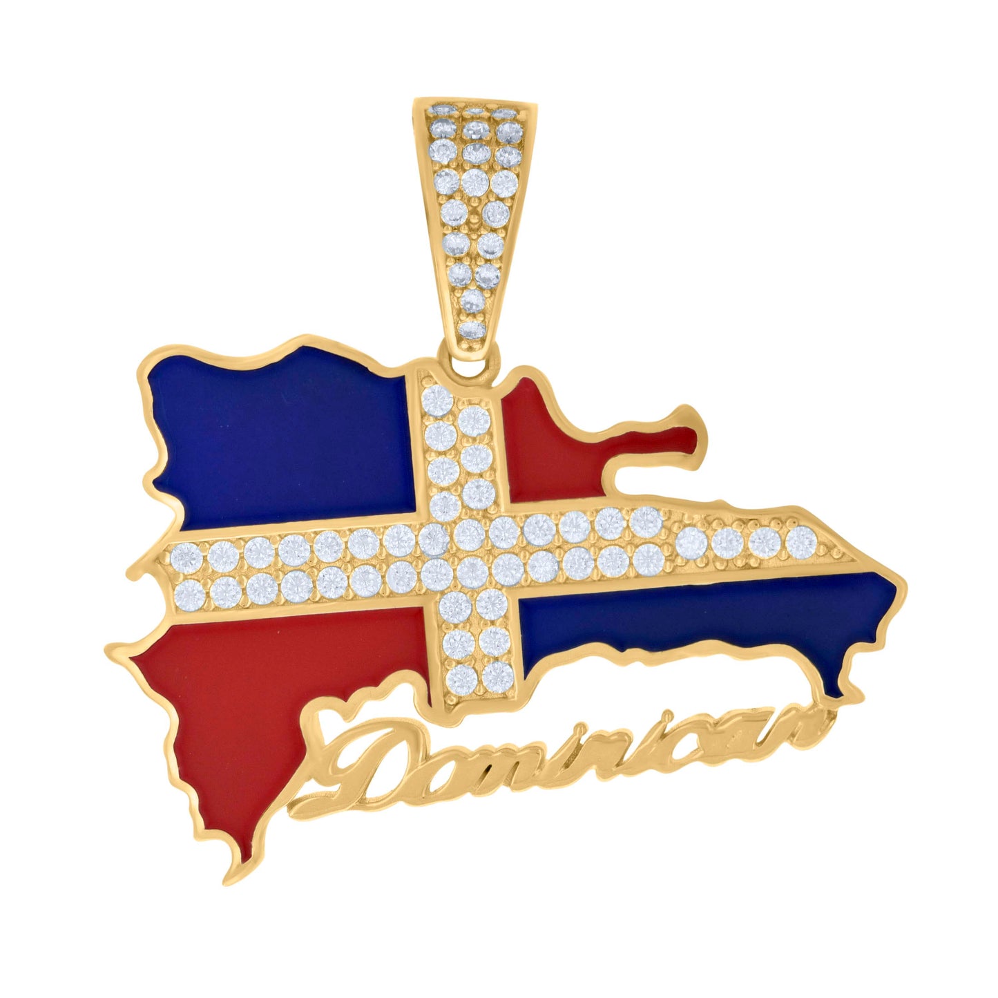 10k Yellow Gold Mens Cubic Zirconia Enameled Dominican Republic Flag Charm Pendant