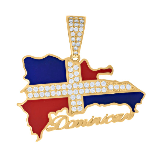 10k Yellow Gold Mens Cubic Zirconia Enameled Dominican Republic Flag Charm Pendant