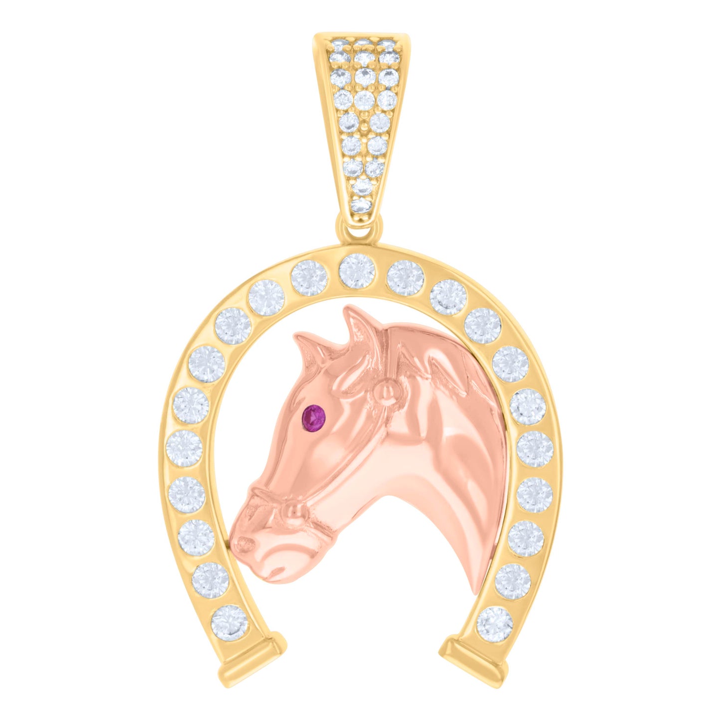 10k Two tone Gold Mens Pink White Cubic Zirconia Horse Head In Horseshoe Good Luck Pendant