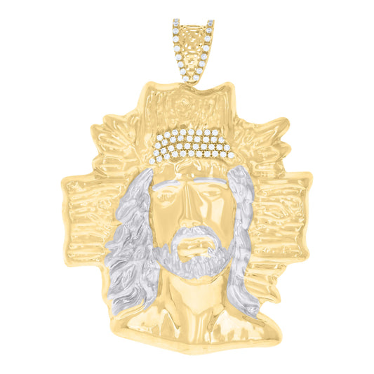 10k Two tone Gold Mens Cubic Zirconia Jesus Religious Charm Pendant
