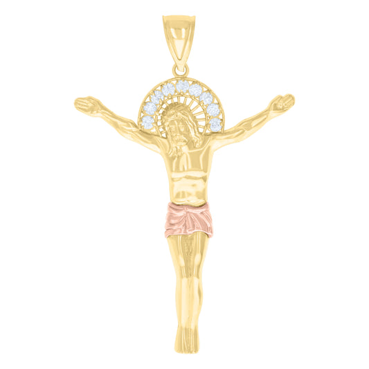 10k Two tone Gold Mens Cubic Zirconia Jesus Christ Body Religious Charm Pendant