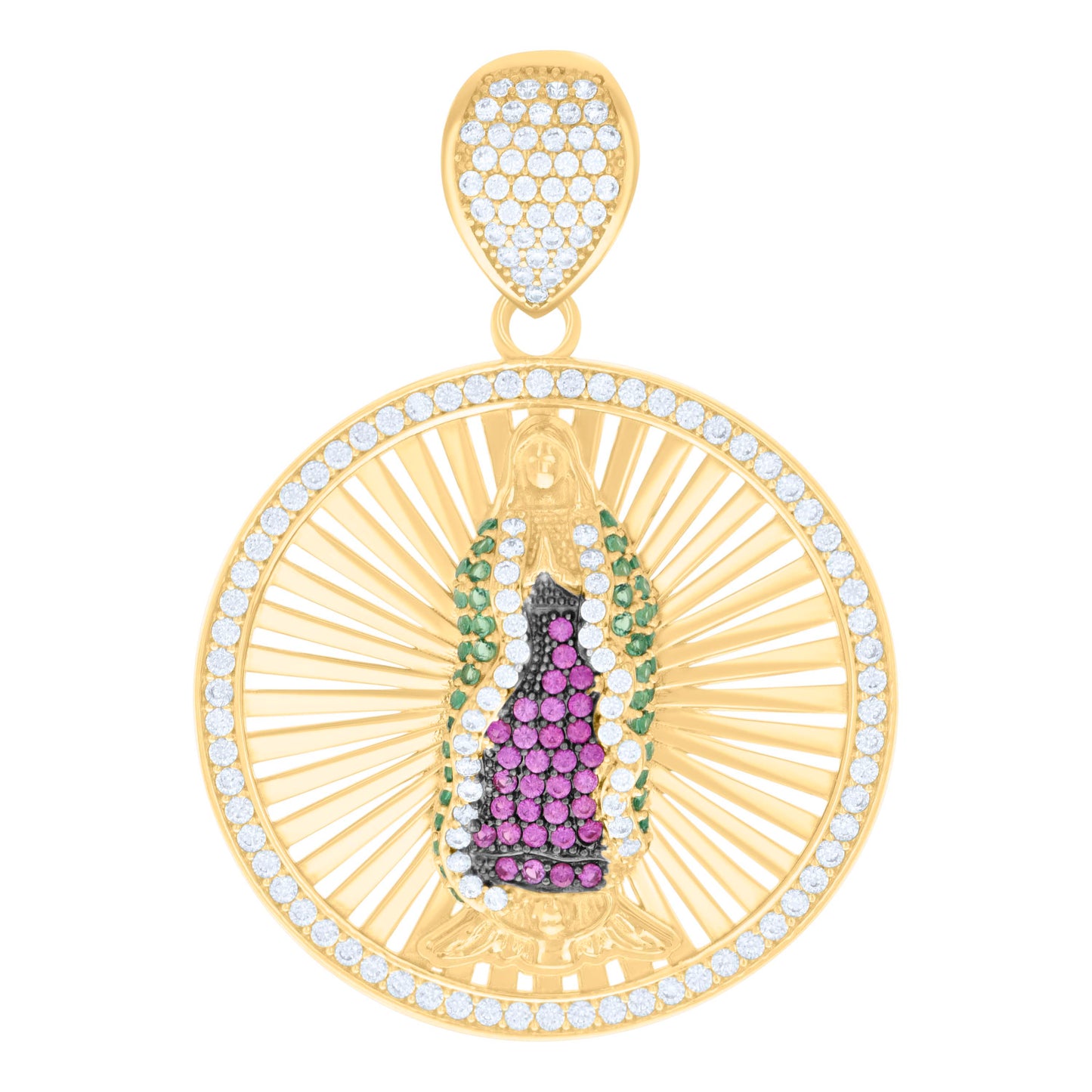 10k Yellow Gold Black tone Mens Green/Purple White Cubic Zirconia Guadalupe Religious Charm Pendant