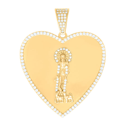 10k Yellow Gold Mens Cubic Zirconia St. Lazarus Religious Heart Charm Pendant