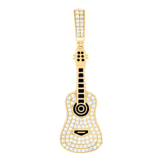 10k Yellow Gold Mens Cubic Zirconia Black Enameled Guitar Music Fashion Charm Pendant