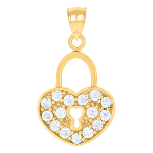 10k Yellow Gold Womens Cubic Zirconia Love Heart Lock Charm Pendant