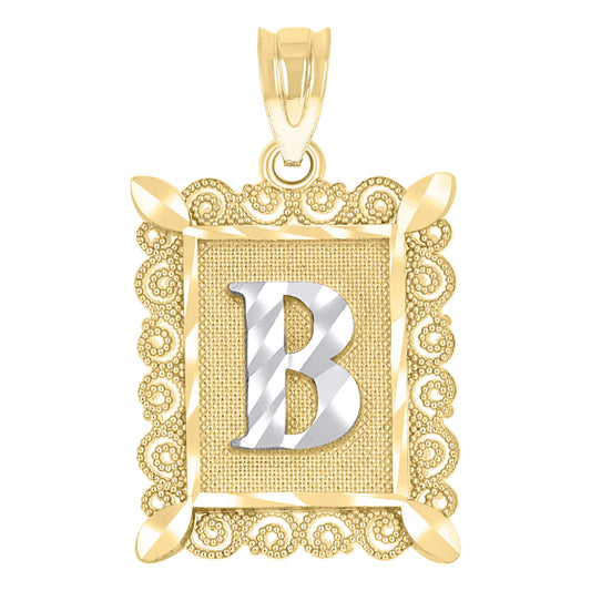 10k Two Tone Gold Unisex Diamond Cut Initial B Charm Pendant