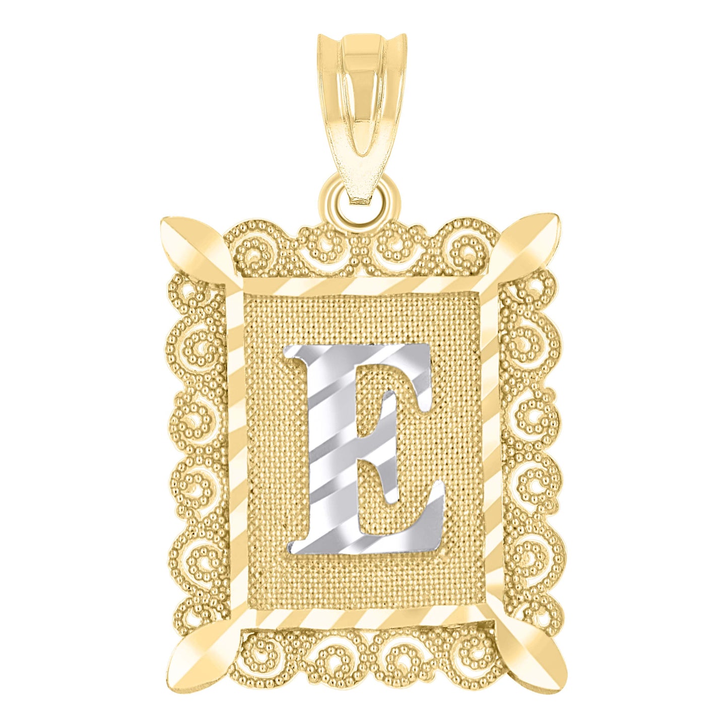 10k Two Tone Gold Unisex Diamond Cut Initial E Charm Pendant