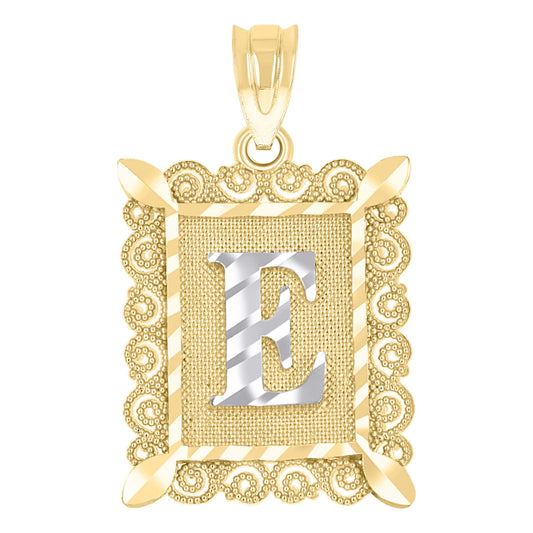 10k Two Tone Gold Unisex Diamond Cut Initial E Charm Pendant
