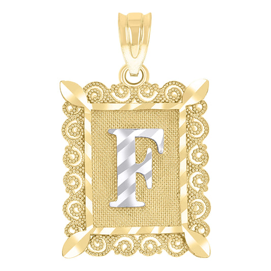 10k Two Tone Gold Unisex Diamond Cut Initial F Charm Pendant