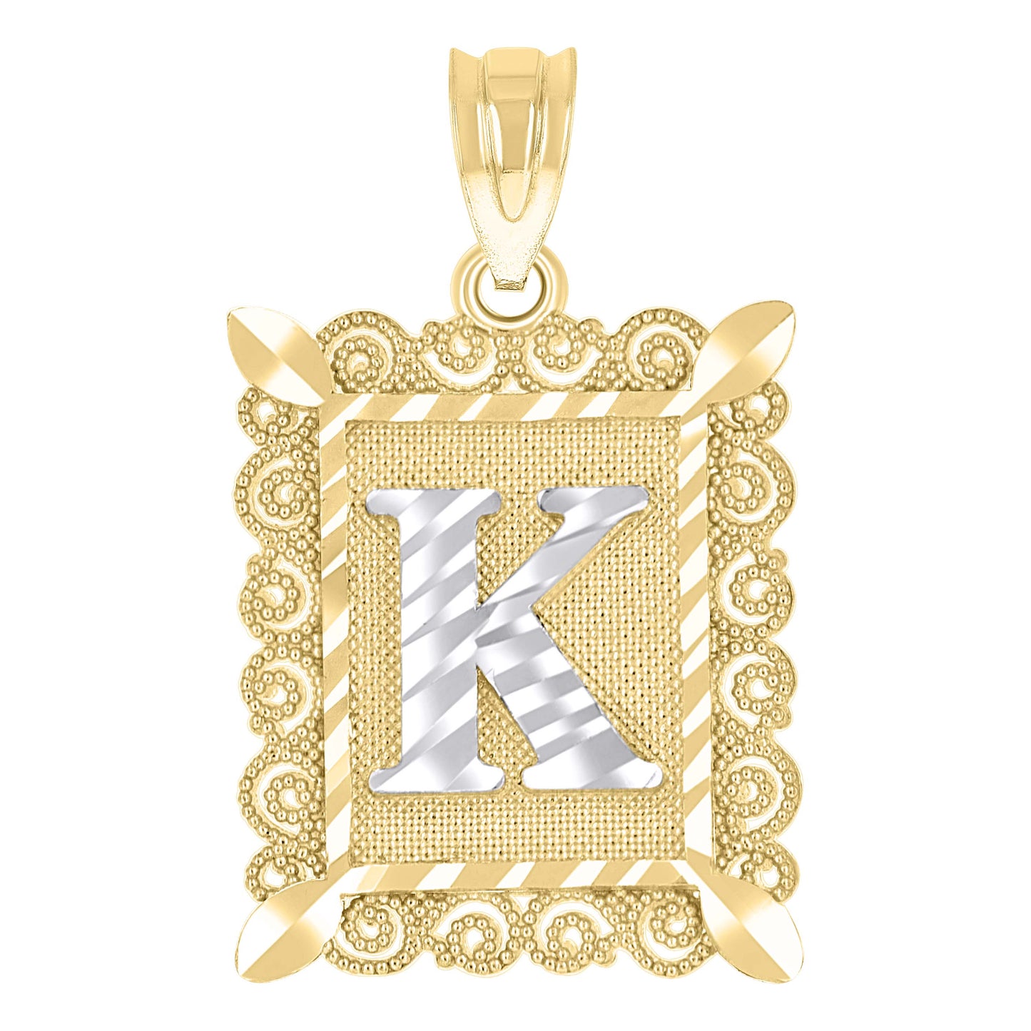 10k Two Tone Gold Unisex Diamond Cut Initial K Charm Pendant