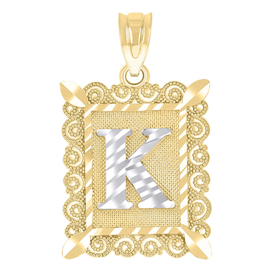 10k Two Tone Gold Unisex Diamond Cut Initial K Charm Pendant