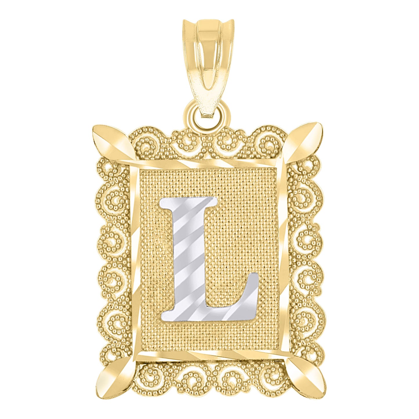 10k Two Tone Gold Unisex Diamond Cut Initial L Charm Pendant