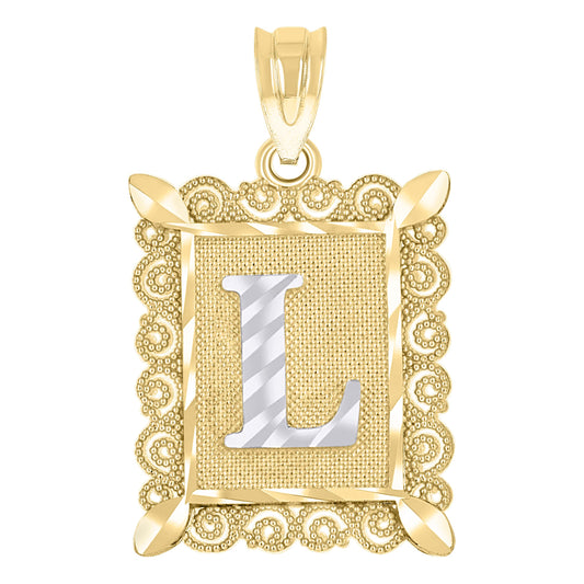 10k Two Tone Gold Unisex Diamond Cut Initial L Charm Pendant