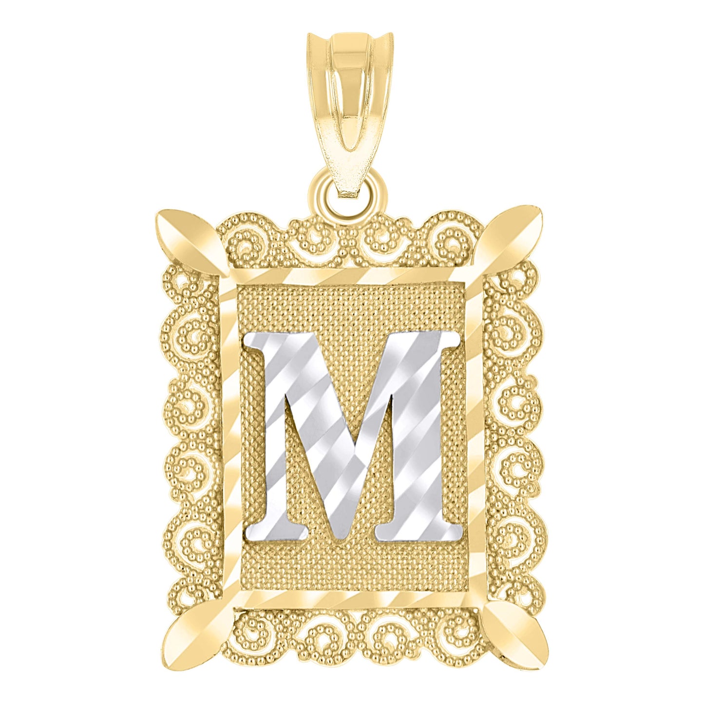 10k Two Tone Gold Unisex Diamond Cut Initial M Charm Pendant