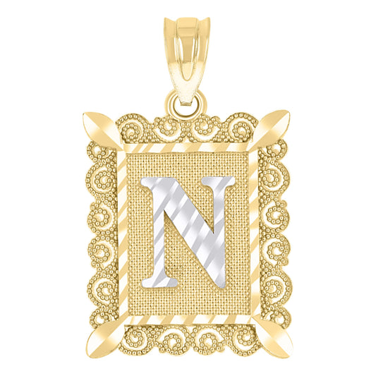 10k Two Tone Gold Unisex Diamond Cut Initial N Charm Pendant