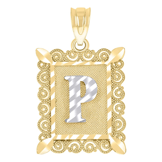 10k Two Tone Gold Unisex Diamond Cut Initial P Charm Pendant