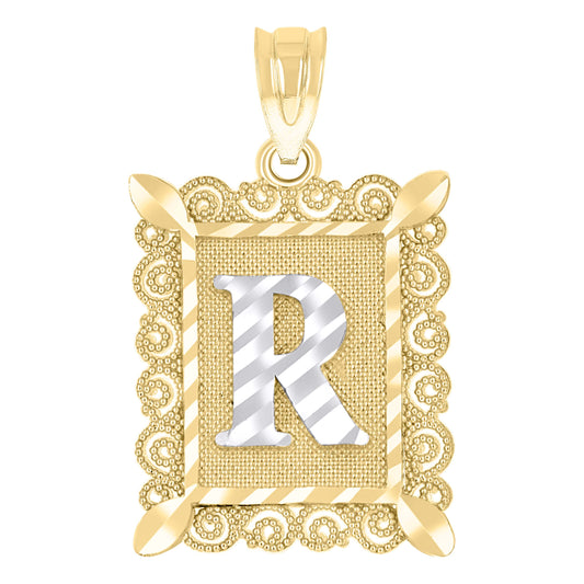 10k Two Tone Gold Unisex Diamond Cut Initial R Charm Pendant