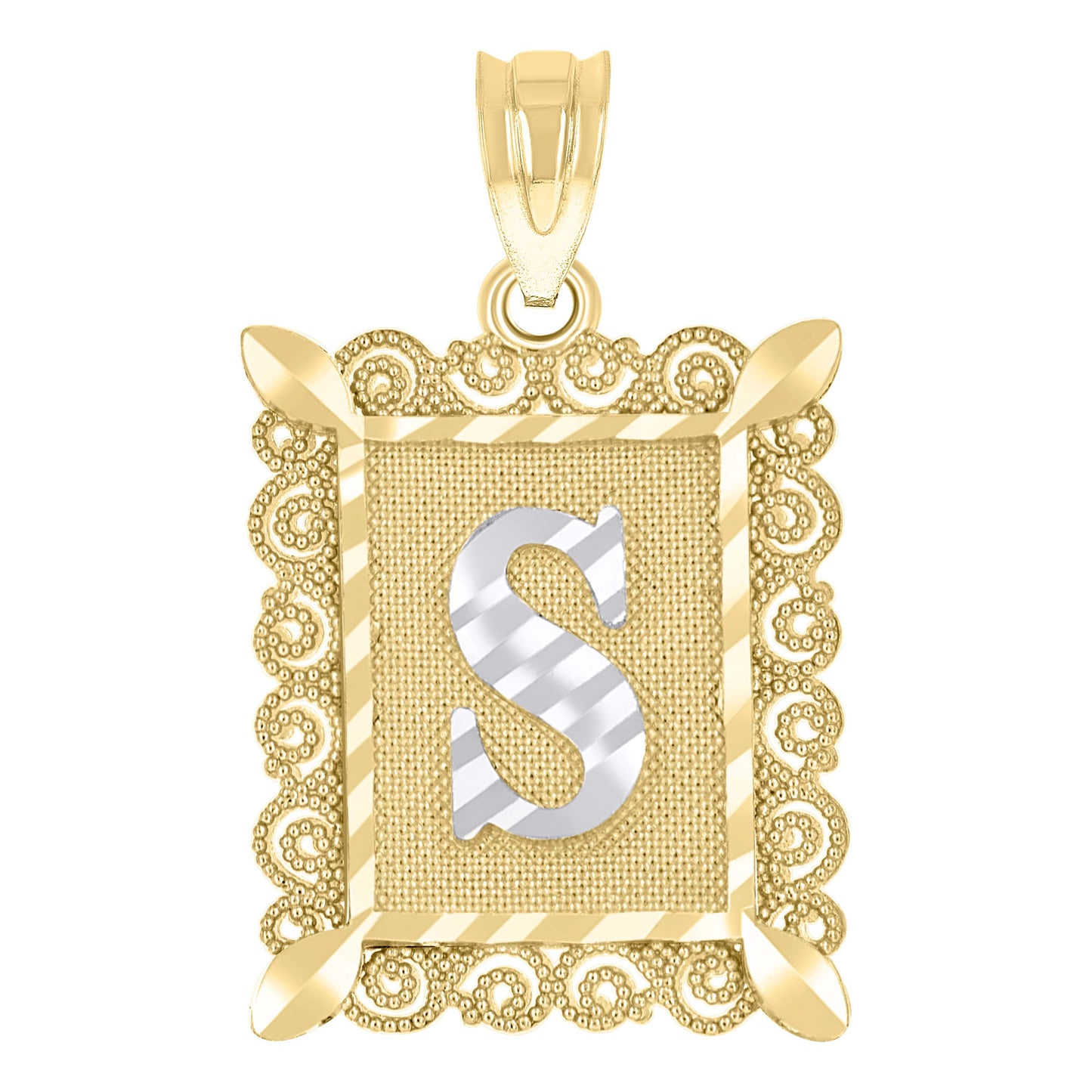 10k Two Tone Gold Unisex Diamond Cut Initial S Charm Pendant