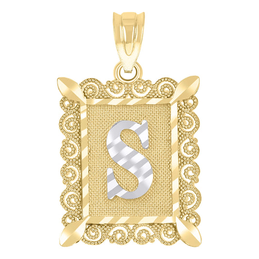 10k Two Tone Gold Unisex Diamond Cut Initial S Charm Pendant
