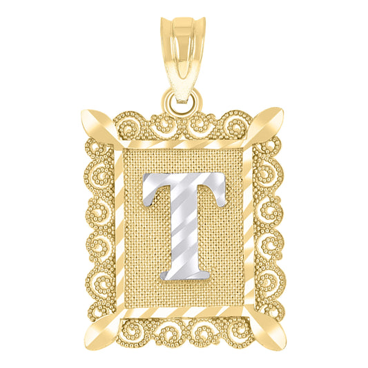 10k Two Tone Gold Unisex Diamond Cut Initial T Charm Pendant