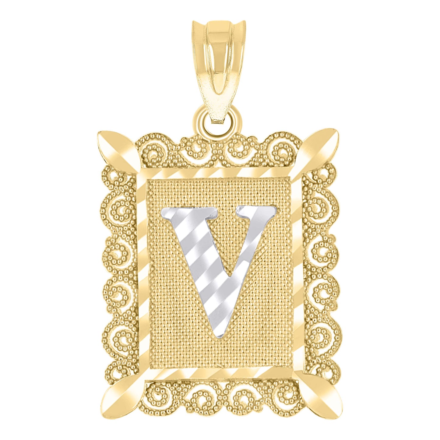 10k Two Tone Gold Unisex Diamond Cut Initial V Charm Pendant
