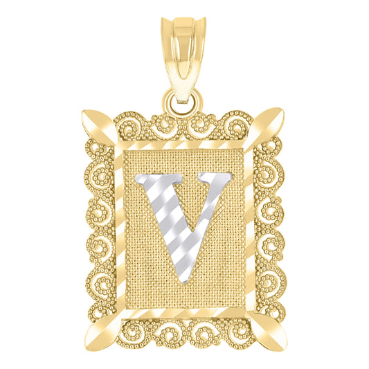 10k Two Tone Gold Unisex Diamond Cut Initial V Charm Pendant