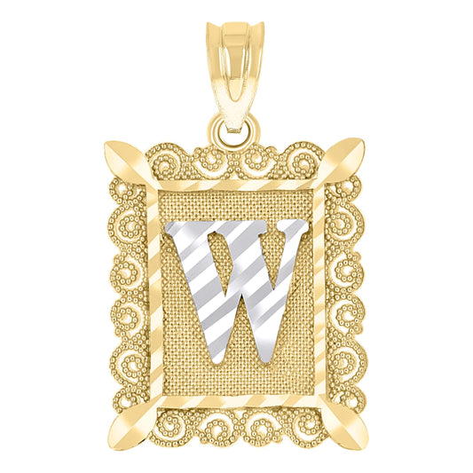 10k Two Tone Gold Unisex Diamond Cut Initial W Charm Pendant