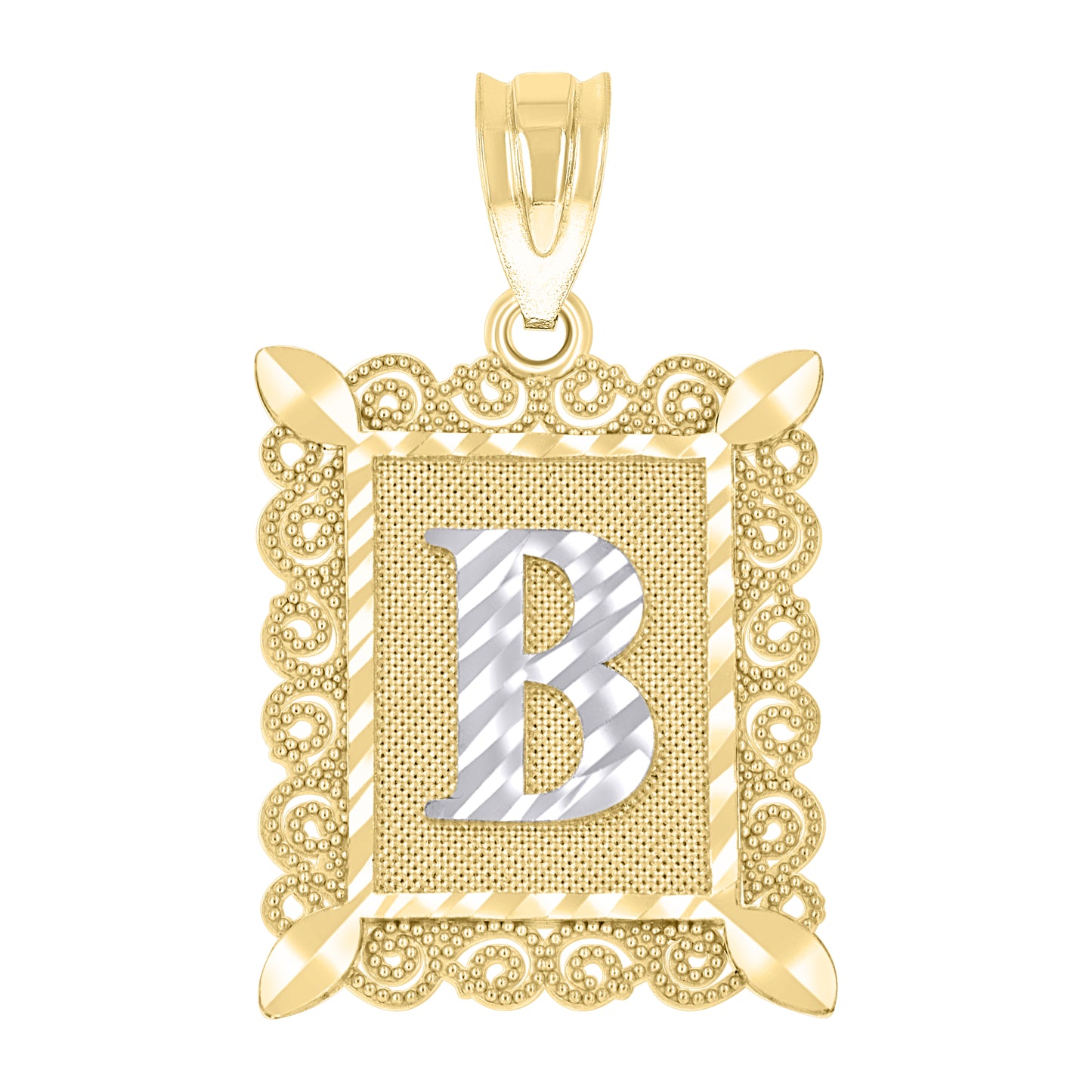10k Two Tone Gold Unisex Diamond Cut Initial B Charm Pendant
