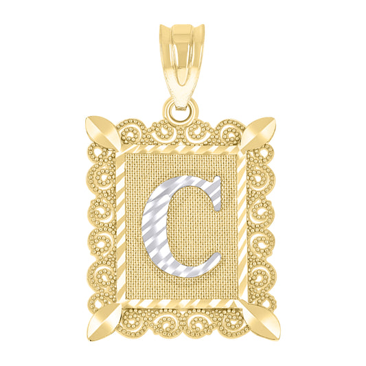 10k Two Tone Gold Unisex Diamond Cut Initial C Charm Pendant