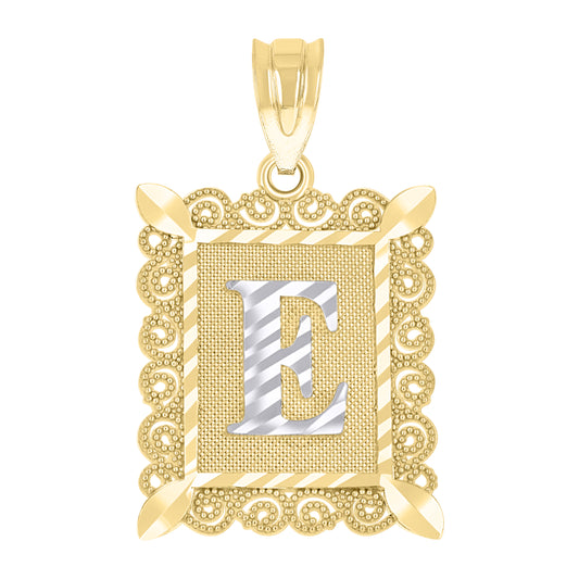 10k Two Tone Gold Unisex Diamond Cut Initial E Charm Pendant