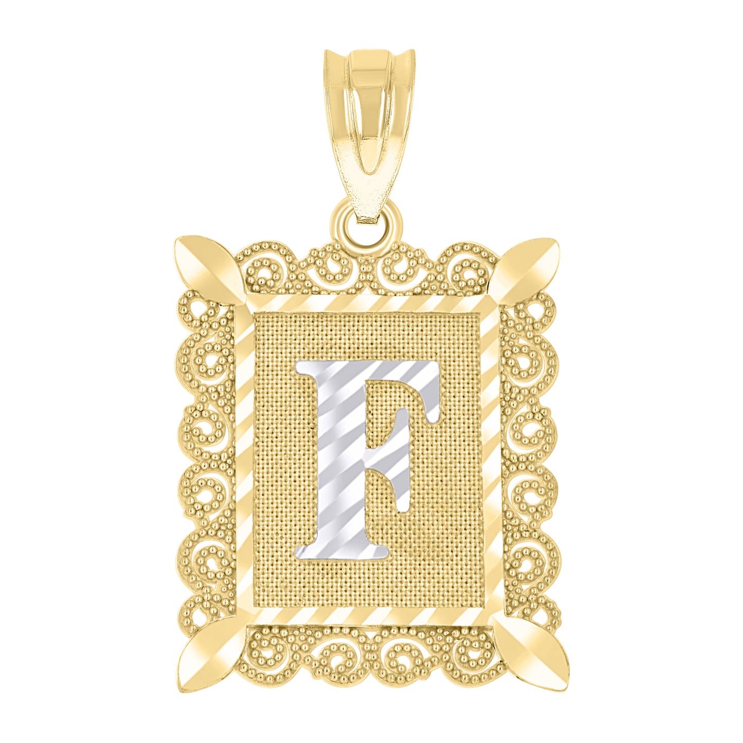 10k Two Tone Gold Unisex Diamond Cut Initial F Charm Pendant