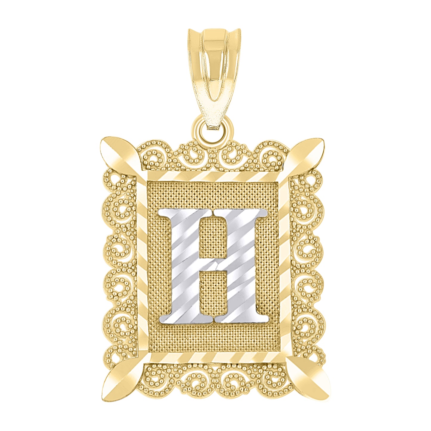 10k Two Tone Gold Unisex Diamond Cut Initial H Charm Pendant