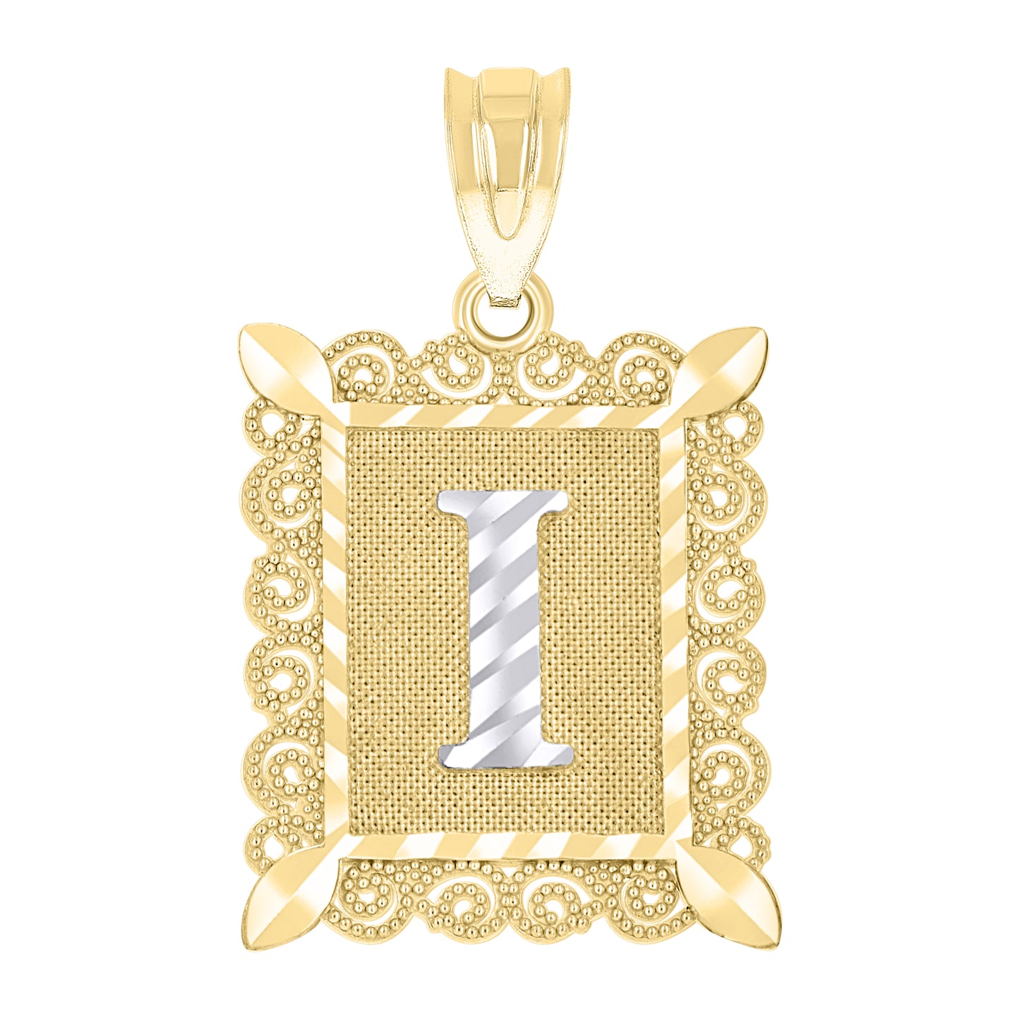10k Two Tone Gold Unisex Diamond Cut Initial I Charm Pendant