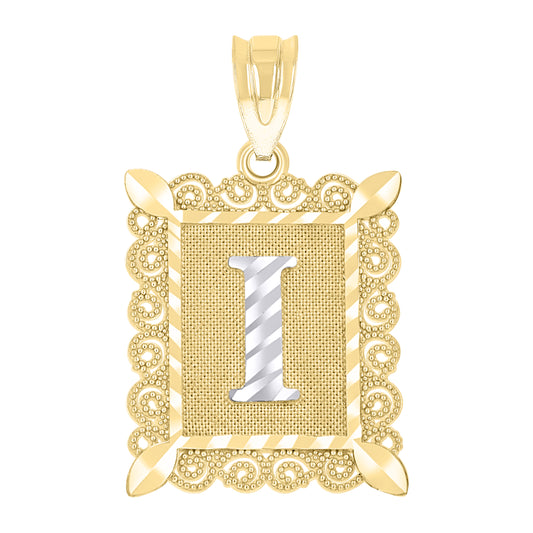 10k Two Tone Gold Unisex Diamond Cut Initial I Charm Pendant