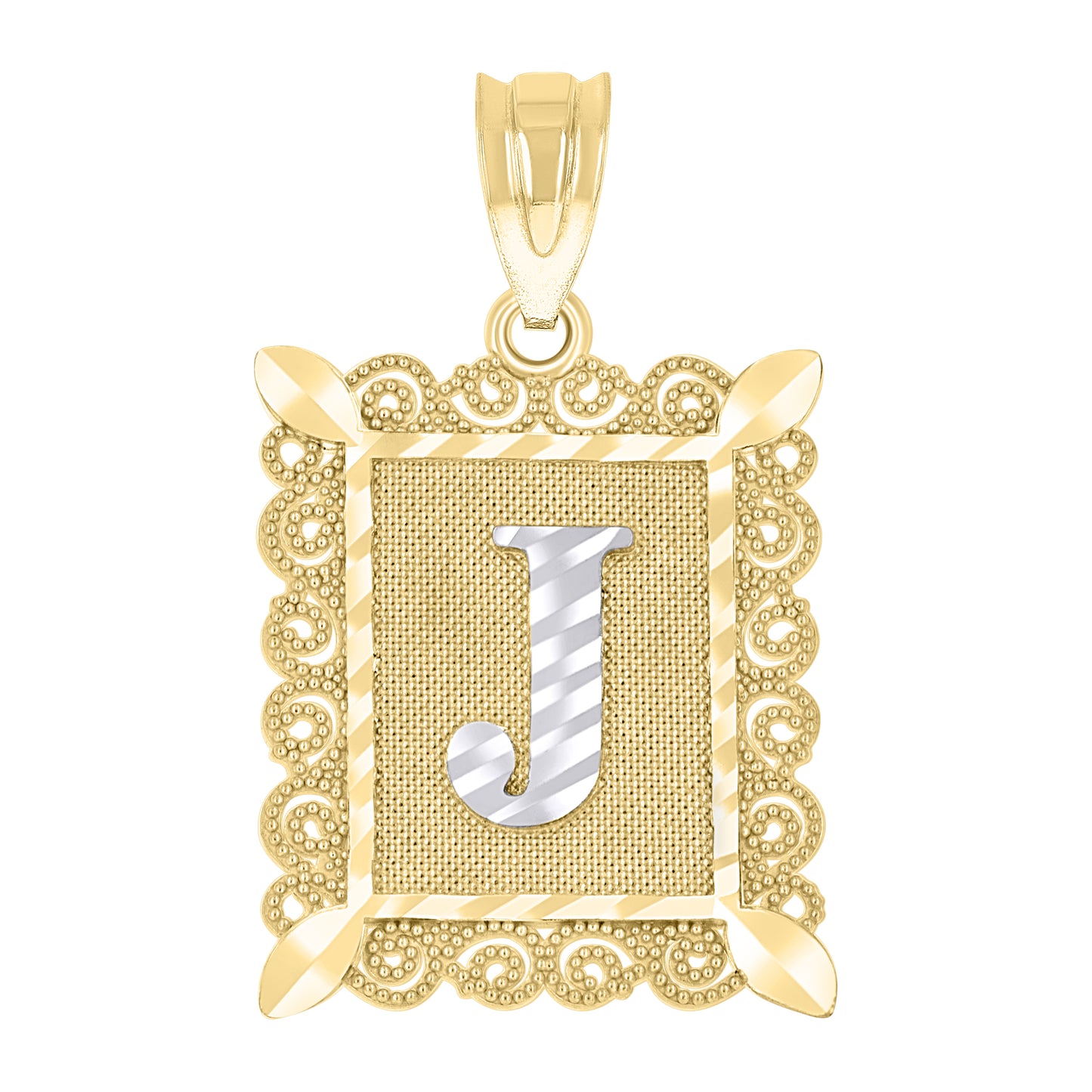 10k Gold Two Tone Diamond Cut Unisex Letter J Initial Charm Pendant