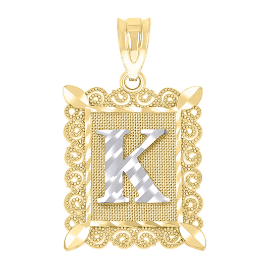 10k Two Tone Gold Unisex Diamond Cut Initial K Charm Pendant