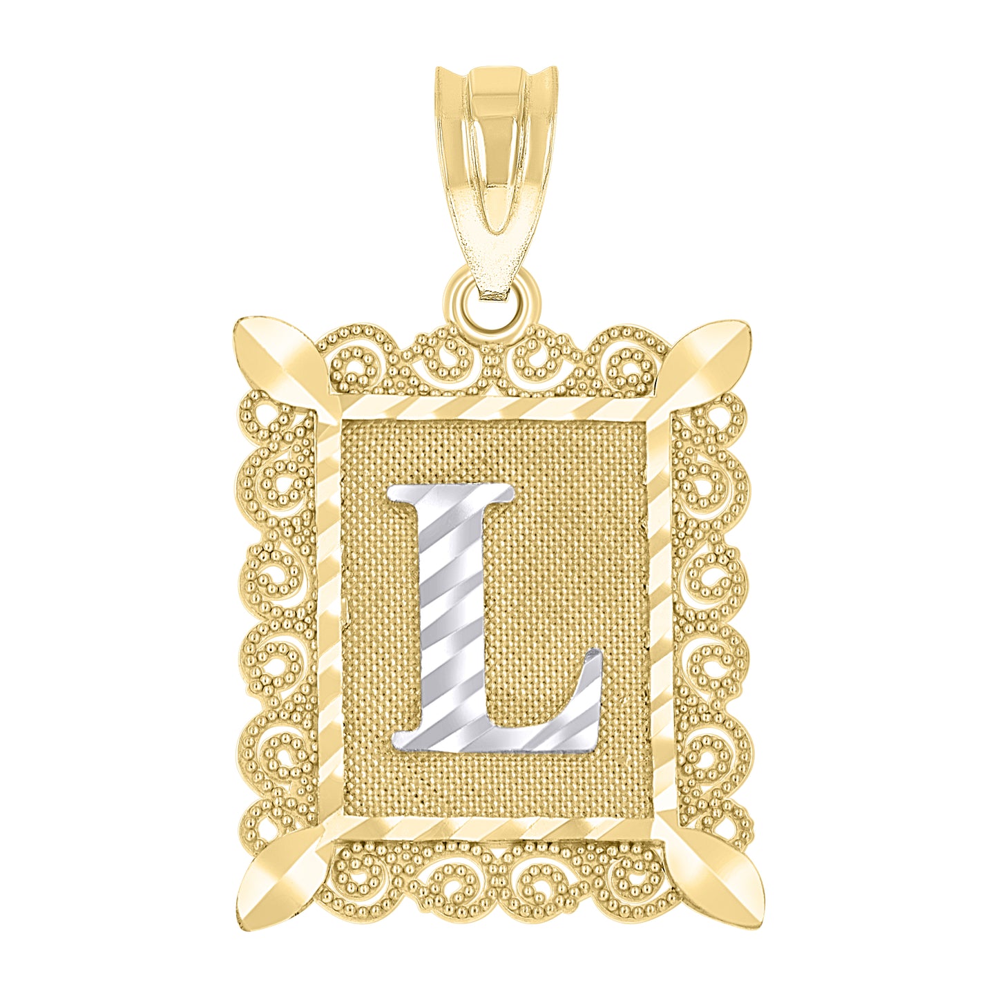 10k Gold Two Tone Diamond Cut Unisex Letter L Initial Charm Pendant