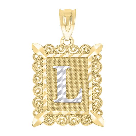 10k Gold Two Tone Diamond Cut Unisex Letter L Initial Charm Pendant