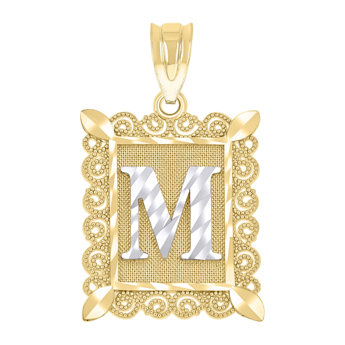 10k Two Tone Gold Unisex Diamond Cut Initial M Charm Pendant
