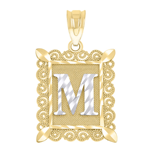 10k Two Tone Gold Unisex Diamond Cut Initial M Charm Pendant