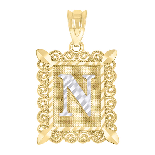 10k Two Tone Gold Unisex Diamond Cut Initial N Charm Pendant