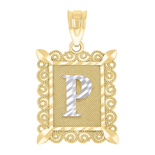 10k Two Tone Gold Unisex Diamond Cut Initial P Charm Pendant